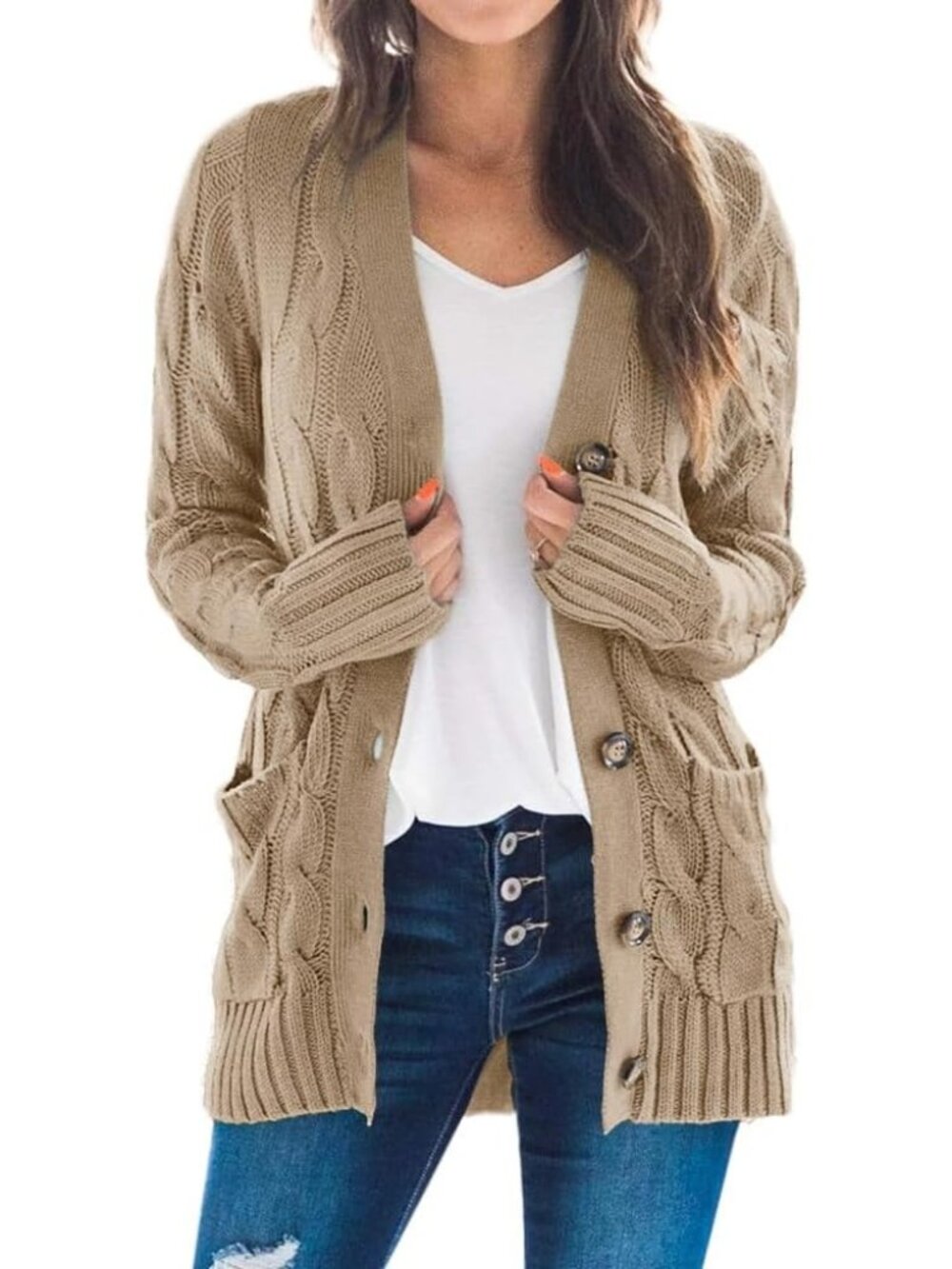 Women's Khaki Cable Knit Long Sleeve Open Front Button Down Cardigan Sweaters